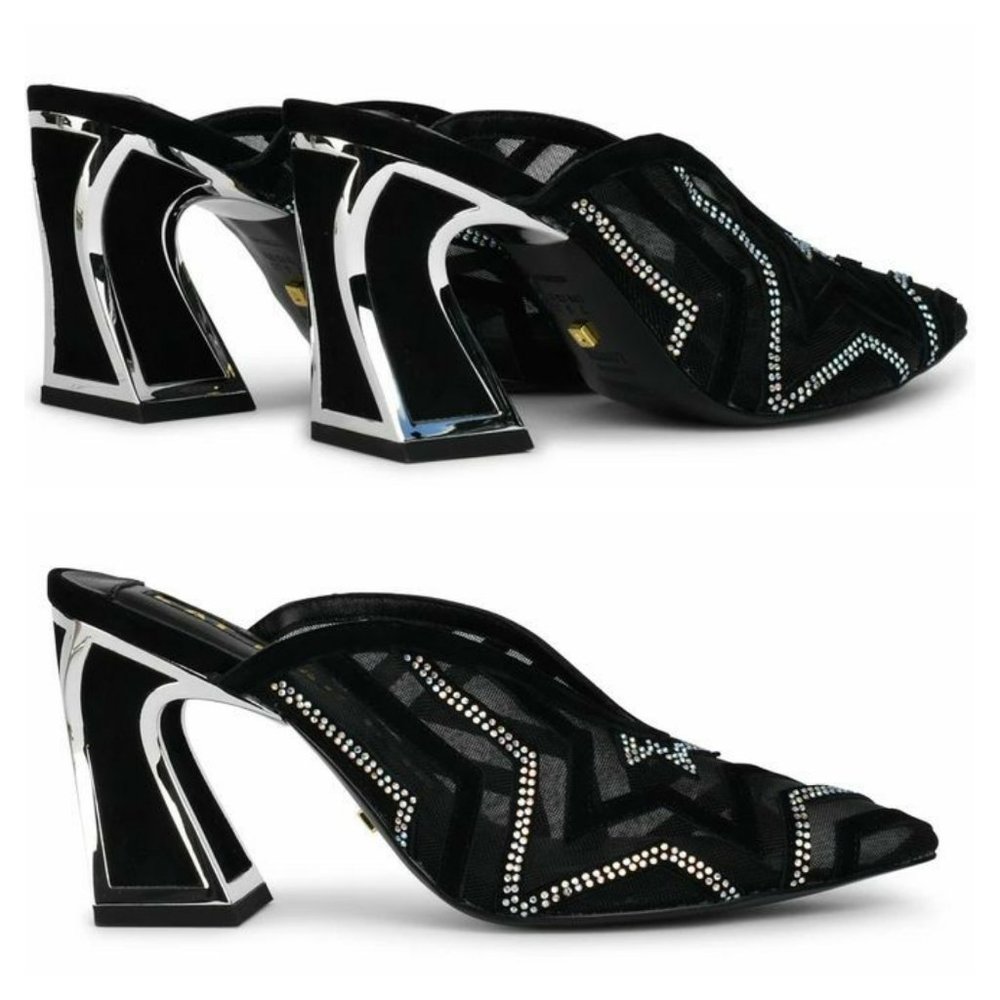 Kat Maconie Rosetta Black Crystal Flare Heel Mule